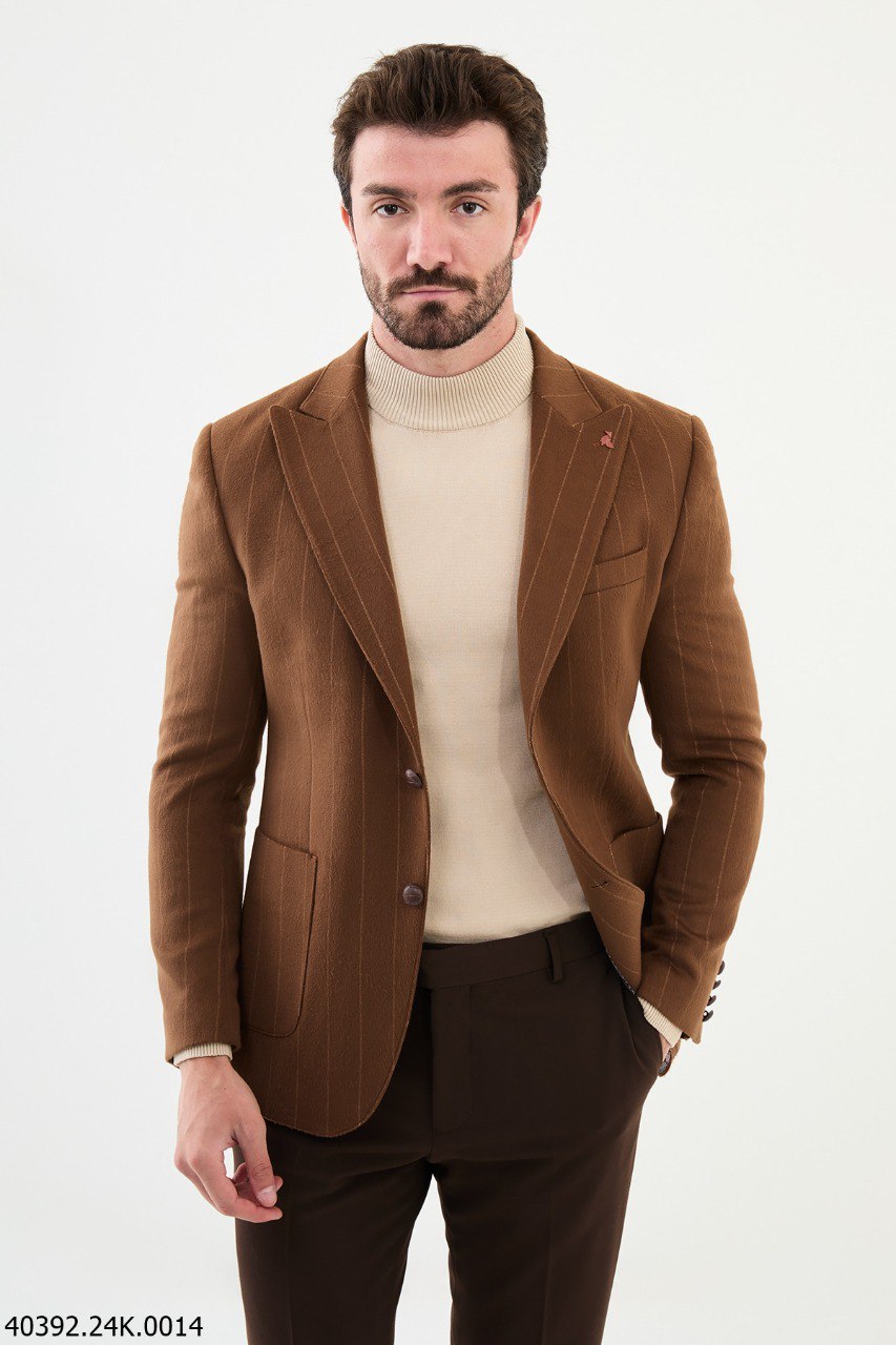 Camel Pinstripe Slim Fit Two-Button Casual Jacket