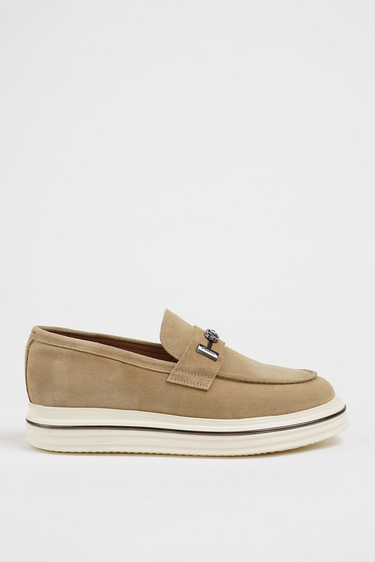 Beige Nubuck Leather Buckle Loafers