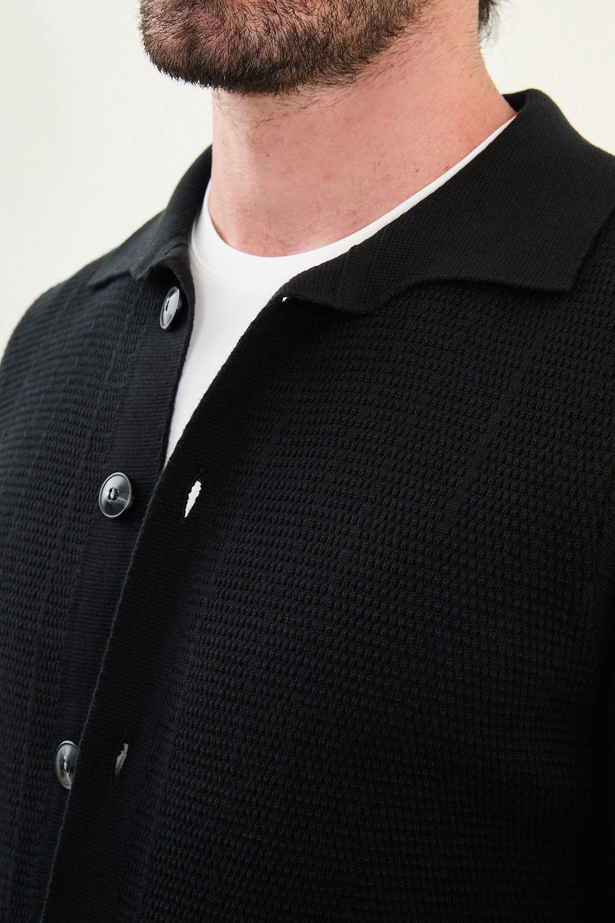 Textured Black Polo Cardigan