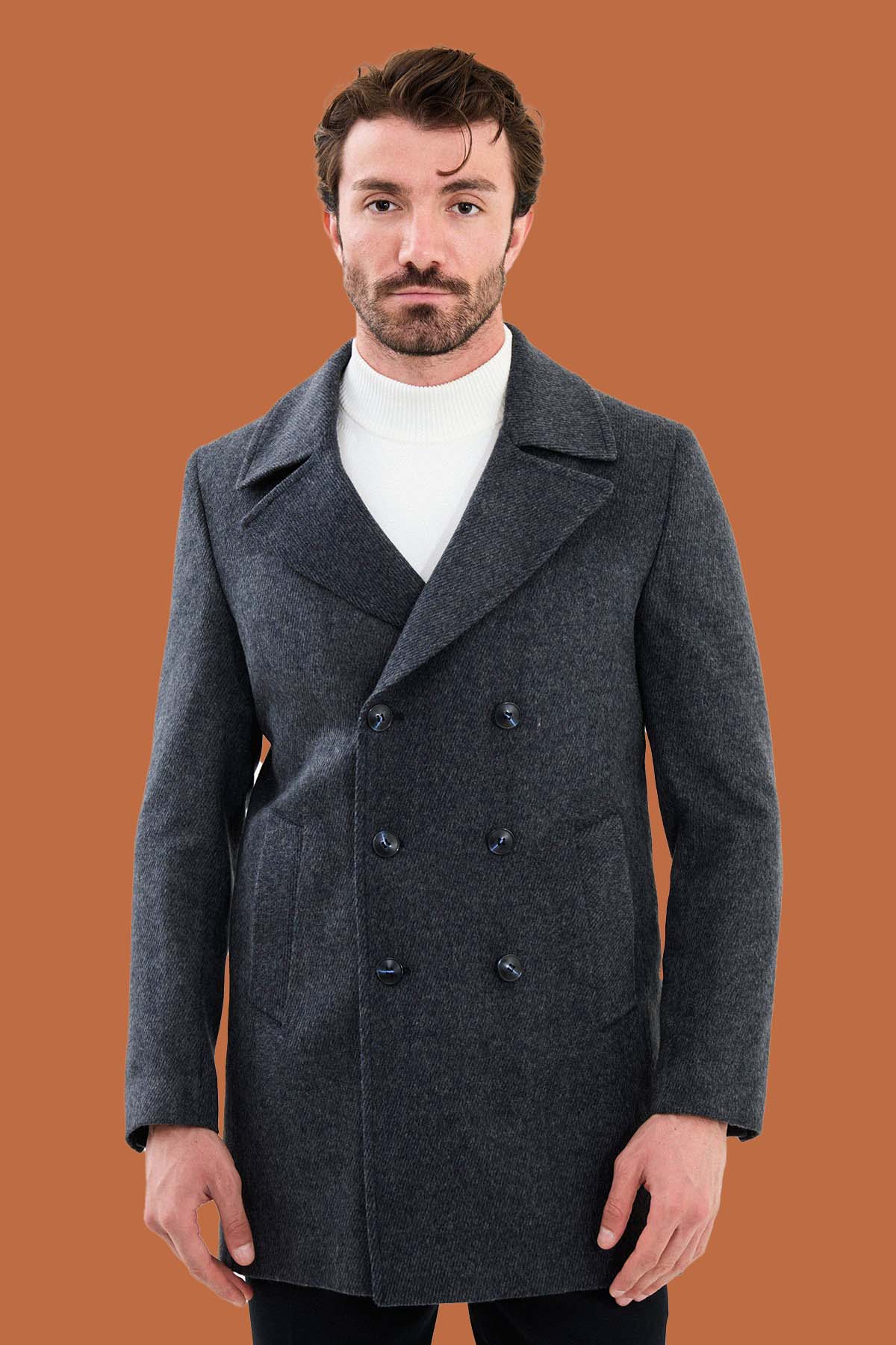 Men's Dark Gray Slim Fit Double Breasted Peacoat