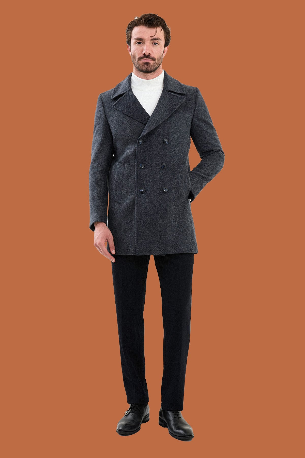Men's Dark Gray Slim Fit Double Breasted Peacoat