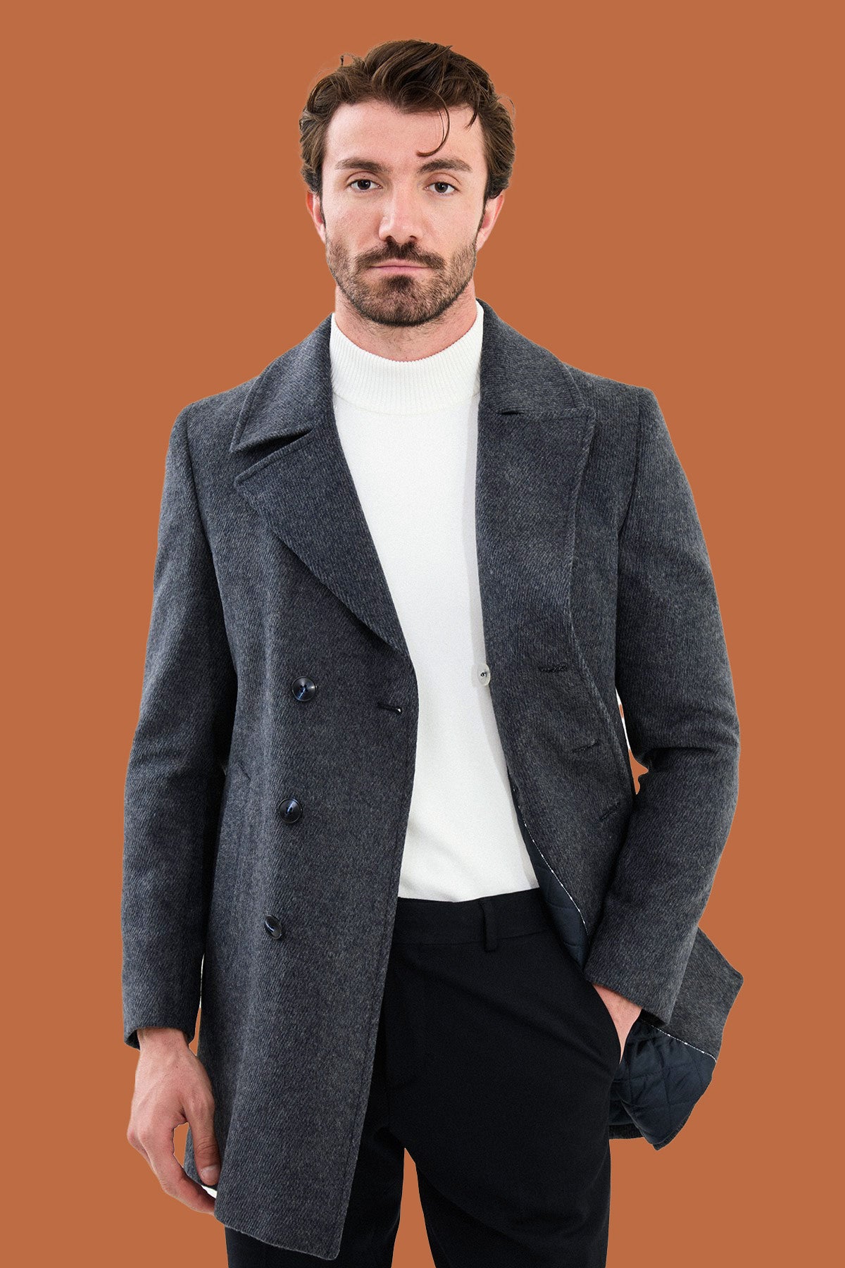 Men's Dark Gray Slim Fit Double Breasted Peacoat