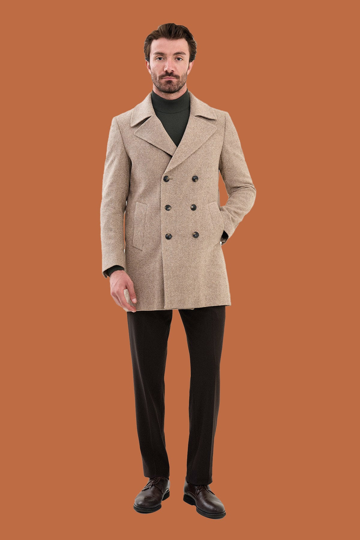 Men's Beige Slim Fit Herringbone Double Breasted Coat