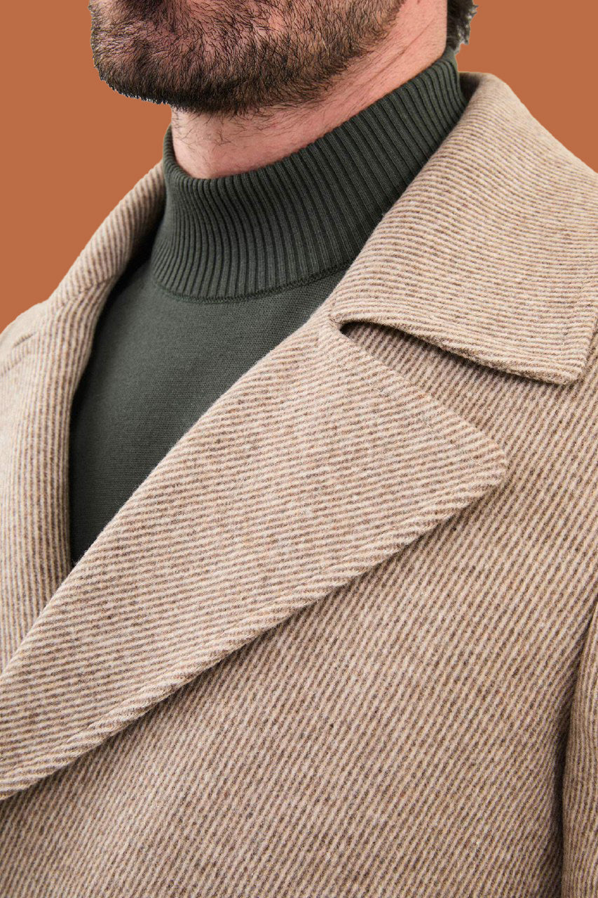 Men's Beige Slim Fit Herringbone Double Breasted Coat