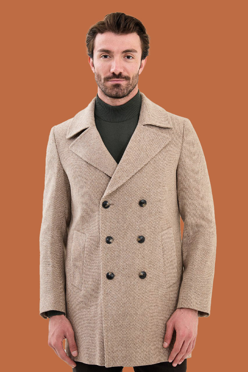 Men's Beige Slim Fit Herringbone Double Breasted Coat