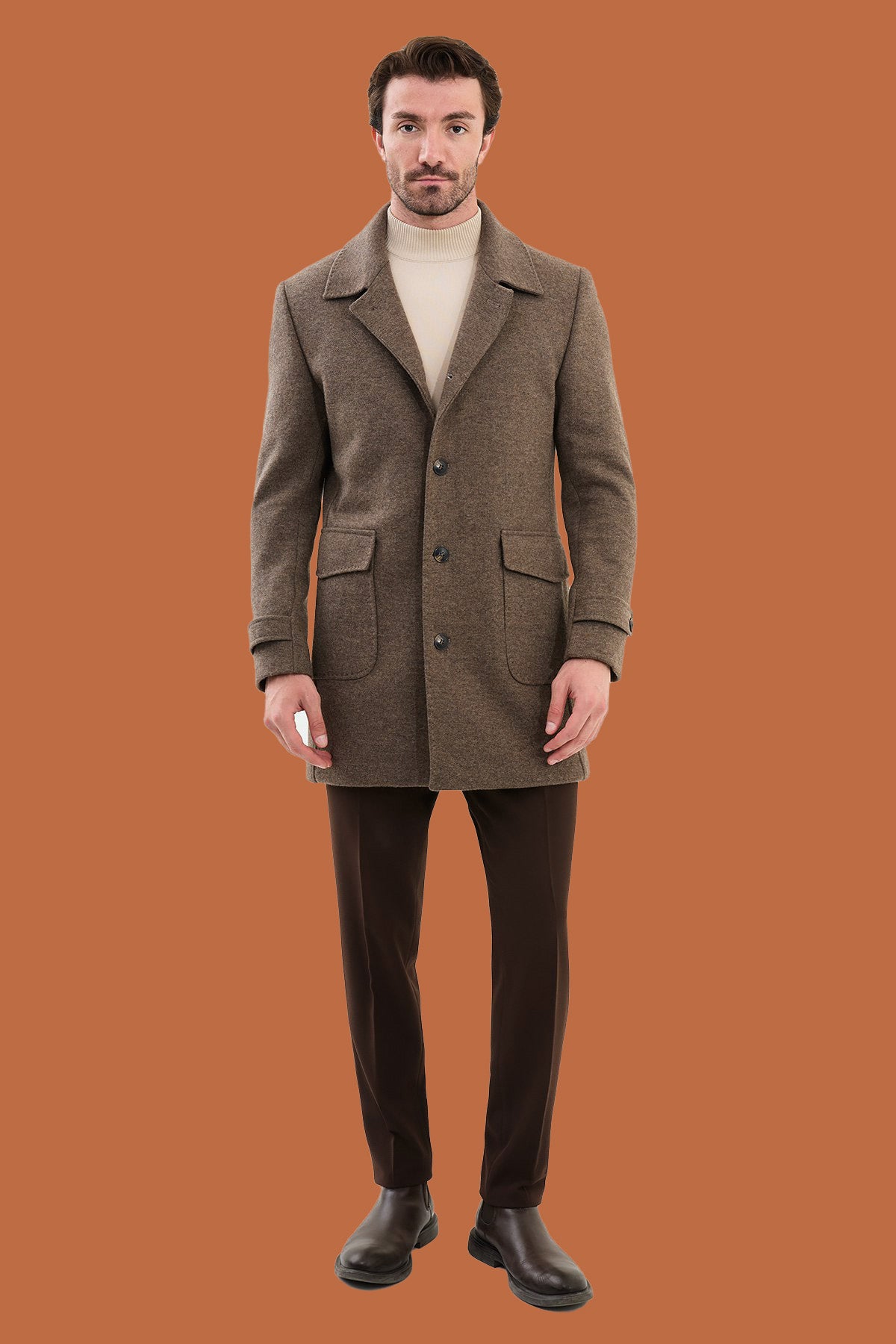 Men's Brown Slim Fit Single Breasted Overcoat