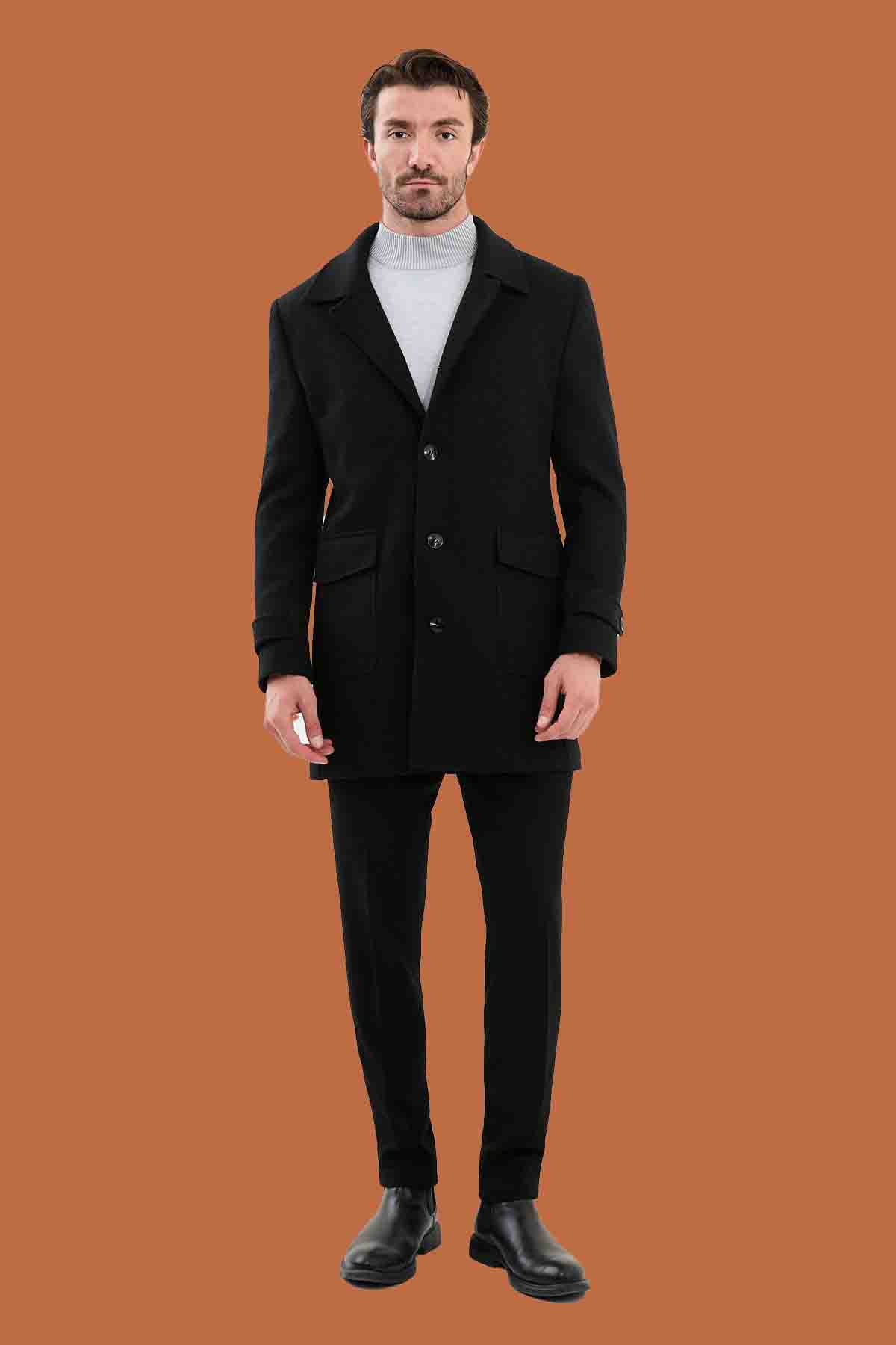 Men's Black Slim Fit Single Breasted Overcoat