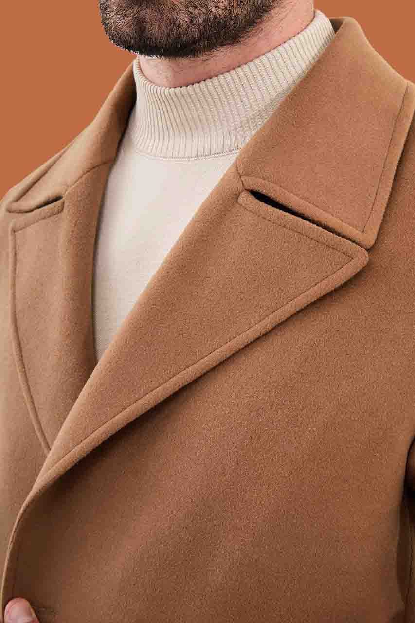 Men's Camel Slim Fit Double Breasted Long Coat