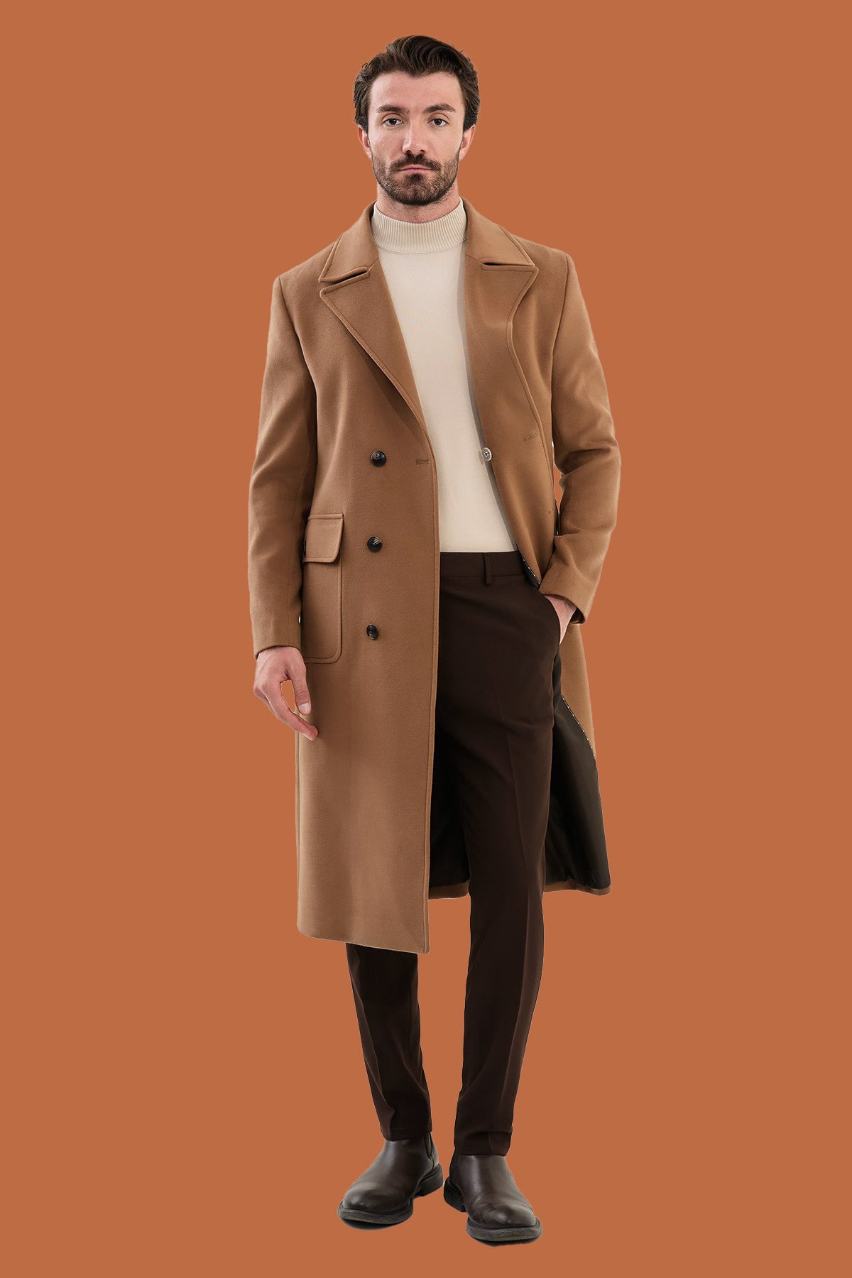 Men's Camel Slim Fit Double Breasted Long Coat