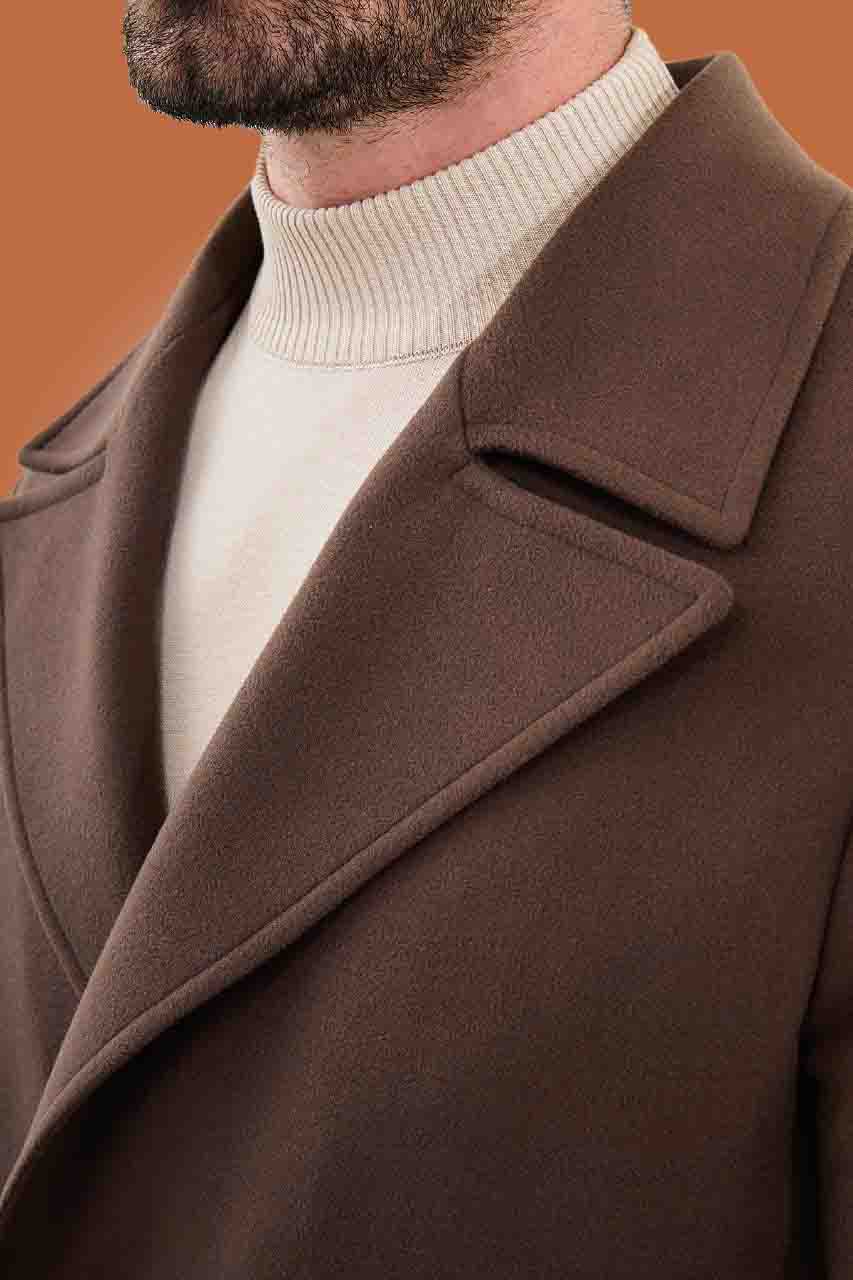 Men's Brown Slim Fit Double Breasted Long Overcoat