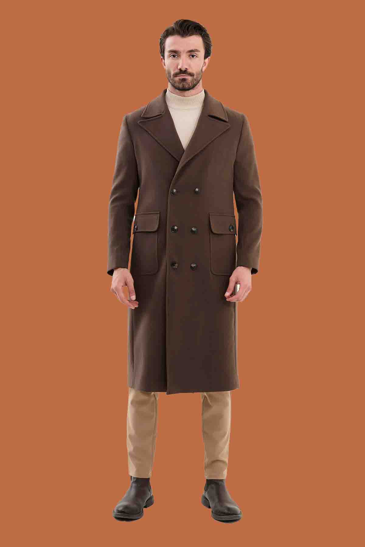 Men's Brown Slim Fit Double Breasted Long Overcoat