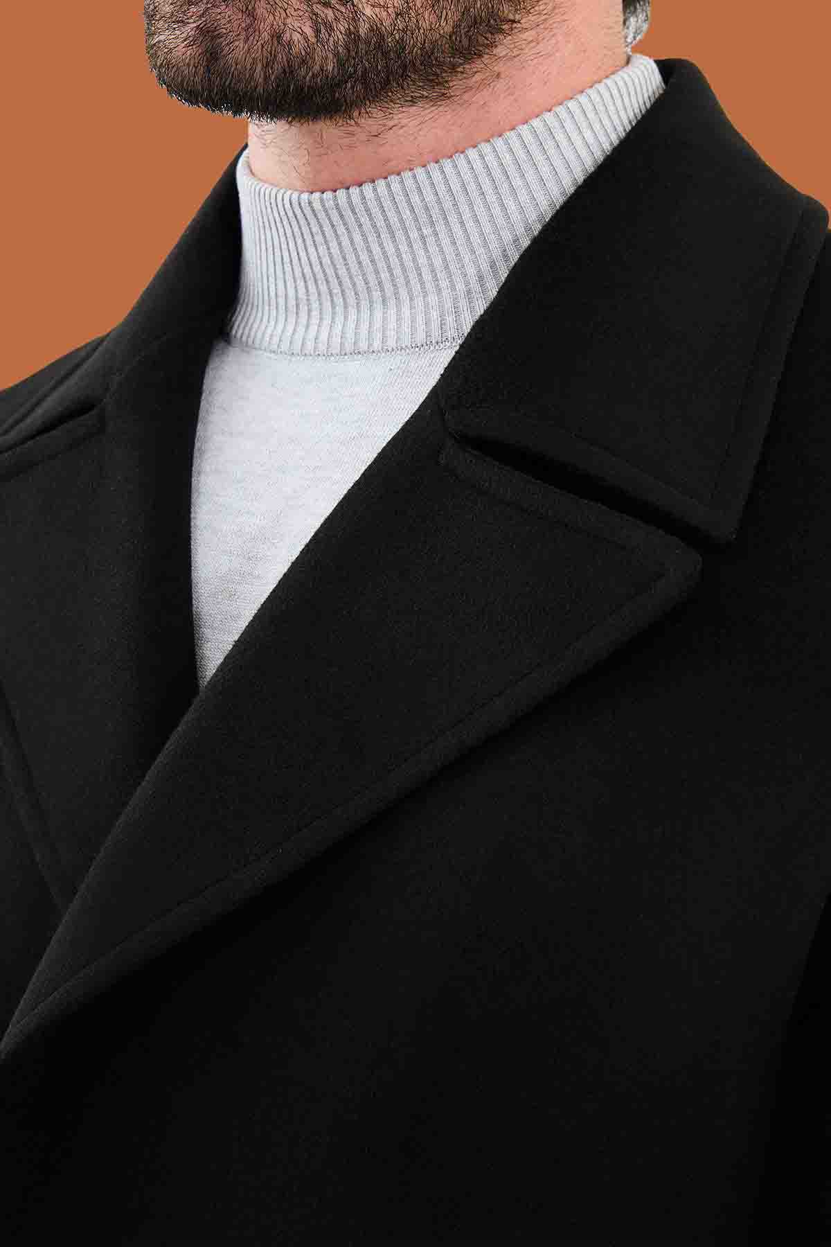 Men's Black Slim Fit Double Breasted Long Overcoat