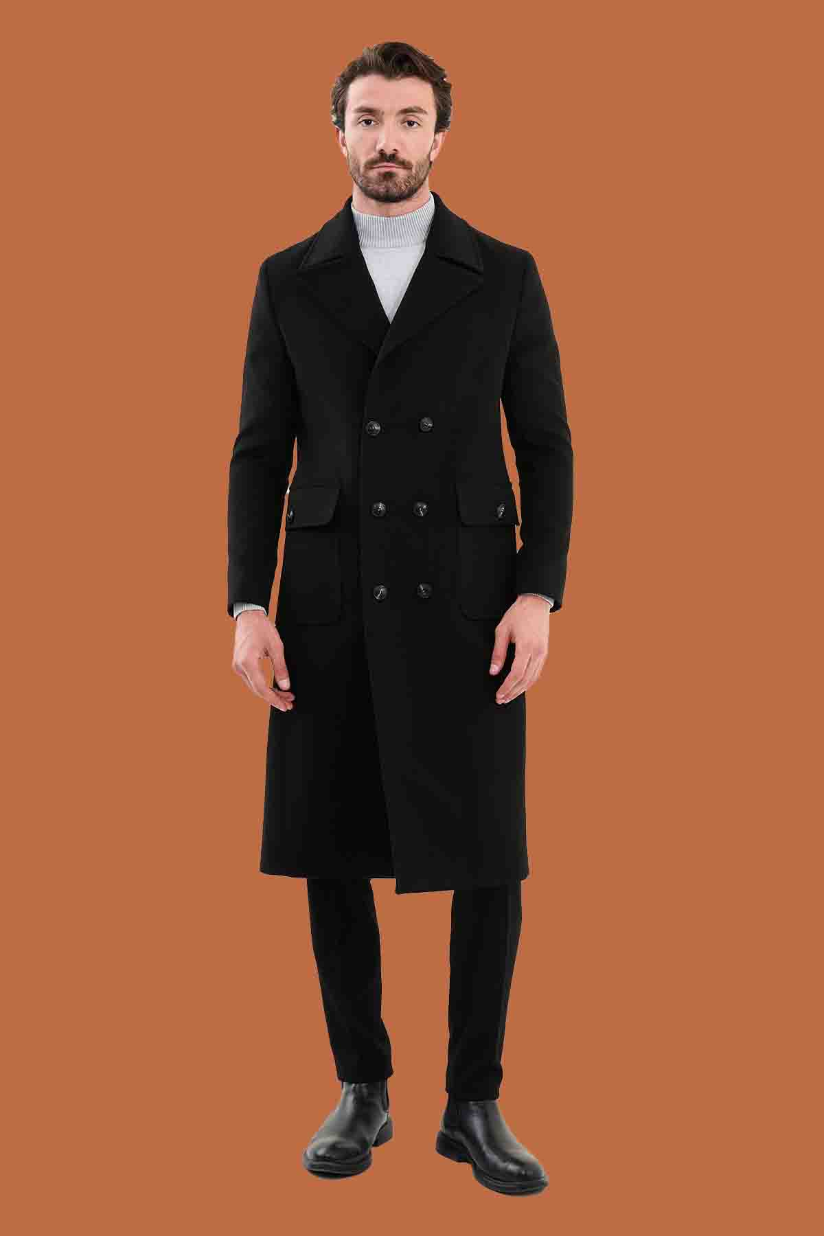 Men's Black Slim Fit Double Breasted Long Overcoat
