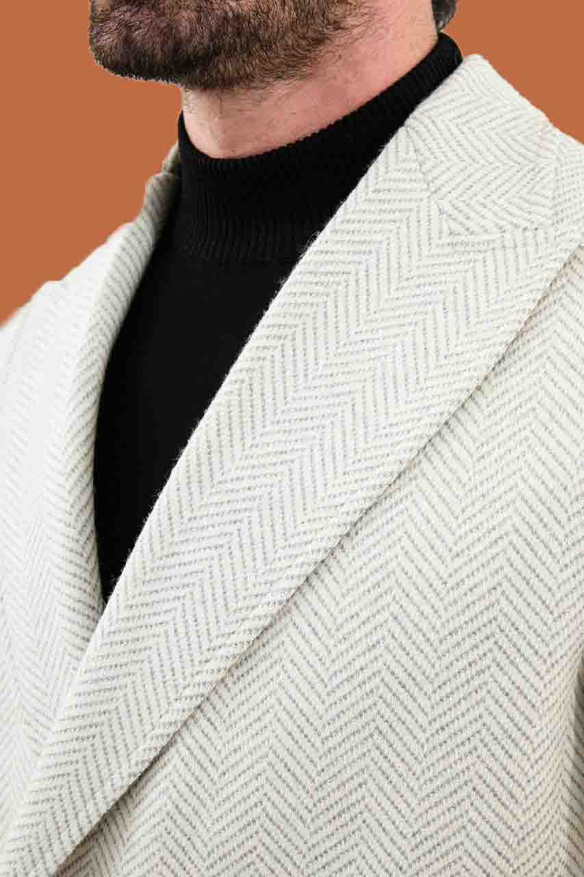 Men's Ecru Slim Fit Herringbone Double Breasted Coat