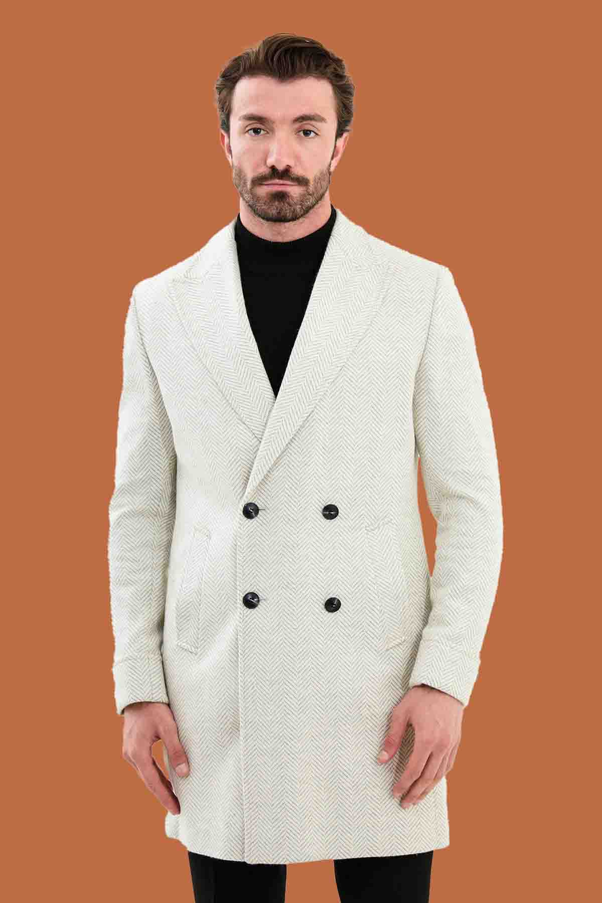 Men's Ecru Slim Fit Herringbone Double Breasted Coat