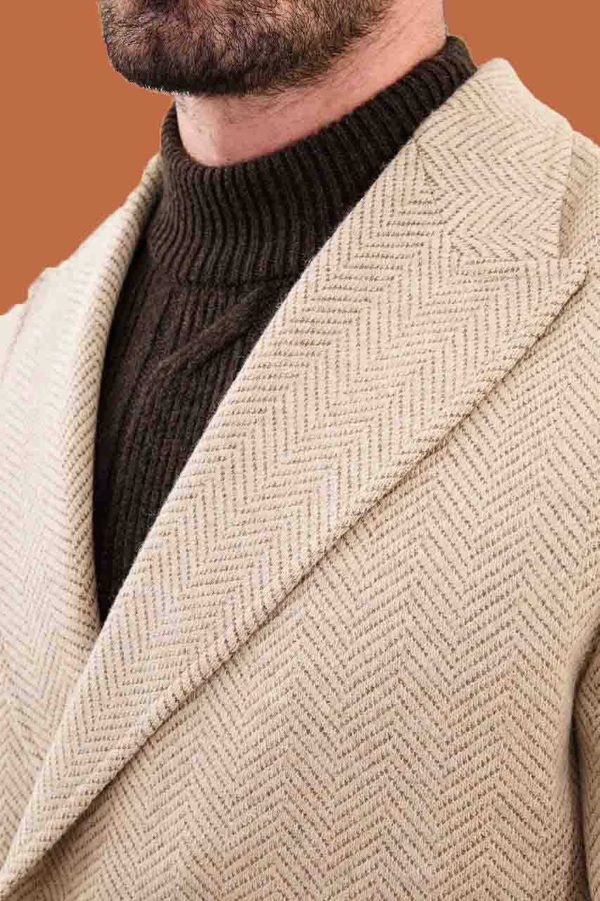 Men's Beige Slim Fit Herringbone Double Breasted Coat