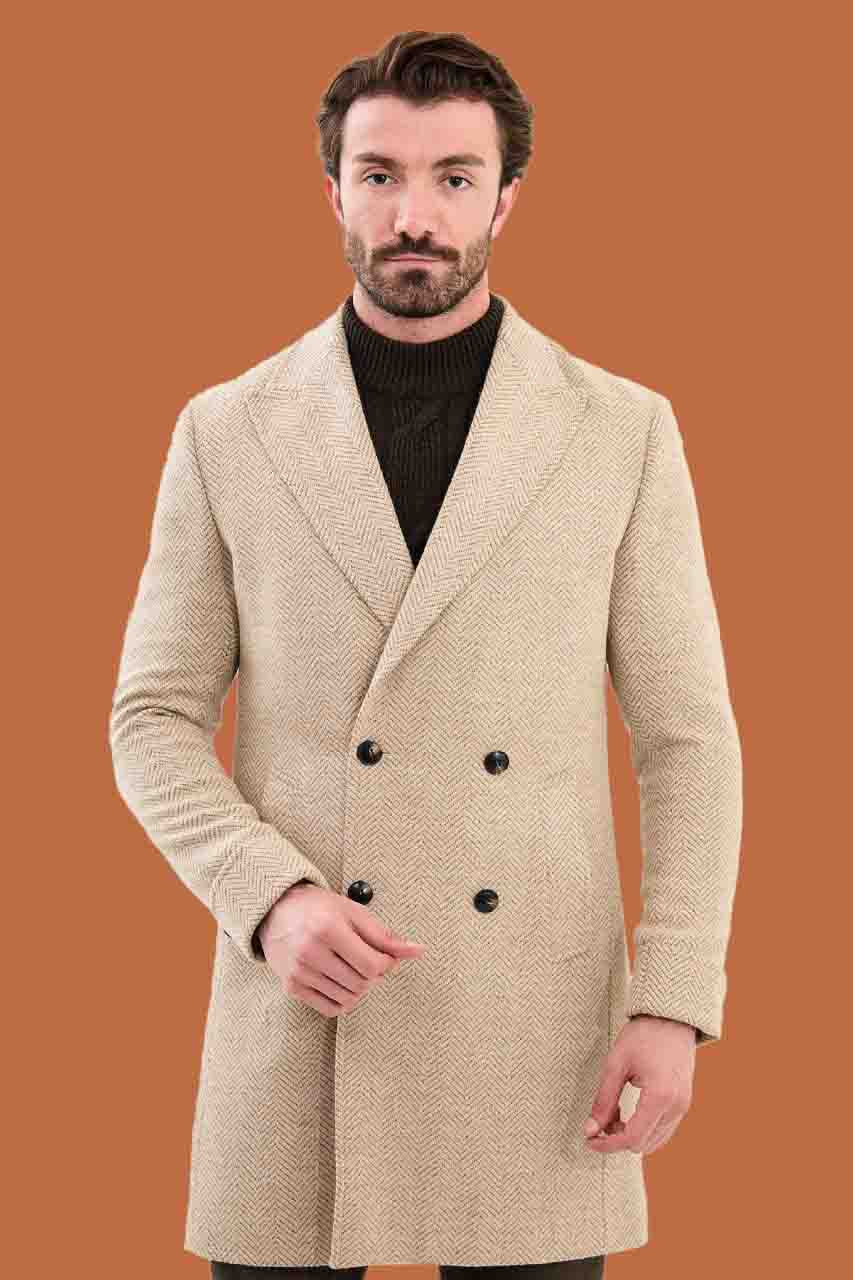 Men's Beige Slim Fit Herringbone Double Breasted Coat