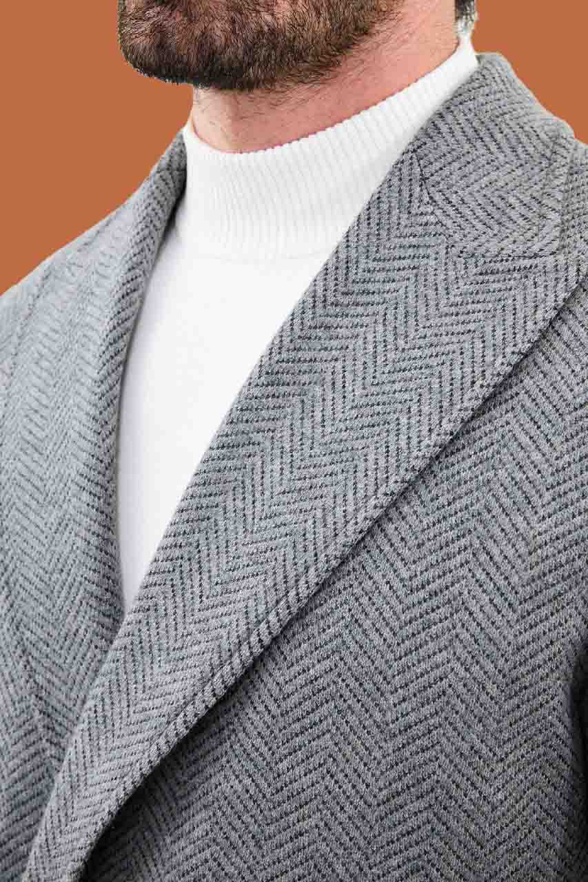 Men's Gray Herringbone Slim Fit Double Breasted Coat