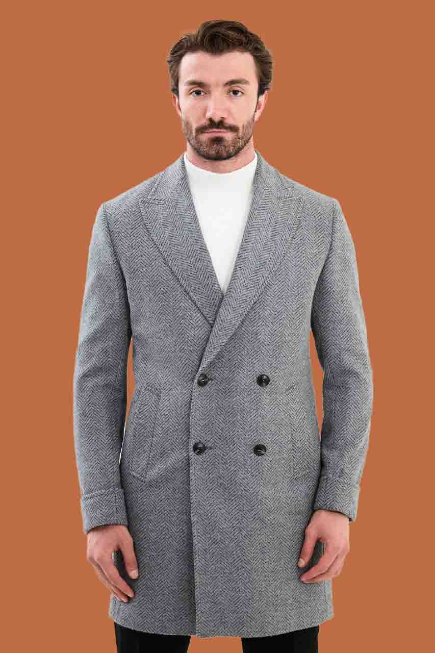 Men's Gray Herringbone Slim Fit Double Breasted Coat