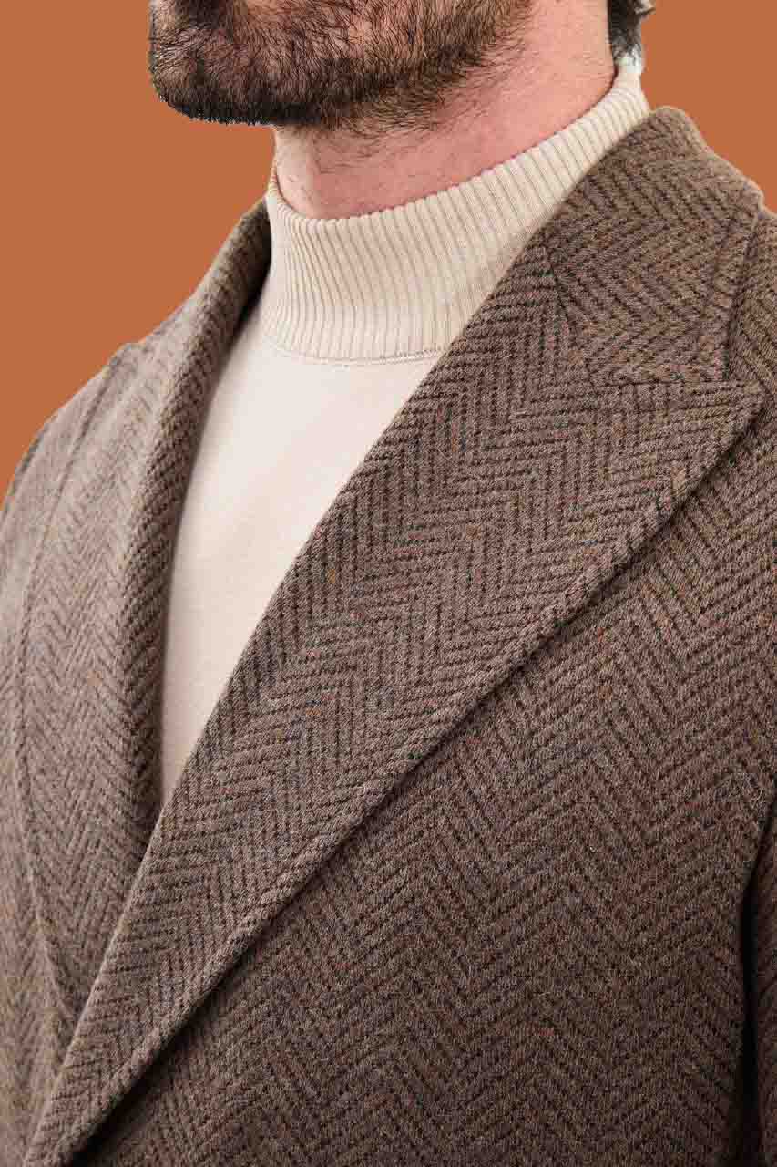 Men's Brown Slim Fit Herringbone Double Breasted Coat