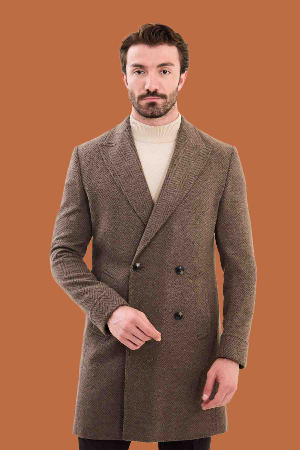 Men's Brown Slim Fit Herringbone Double Breasted Coat