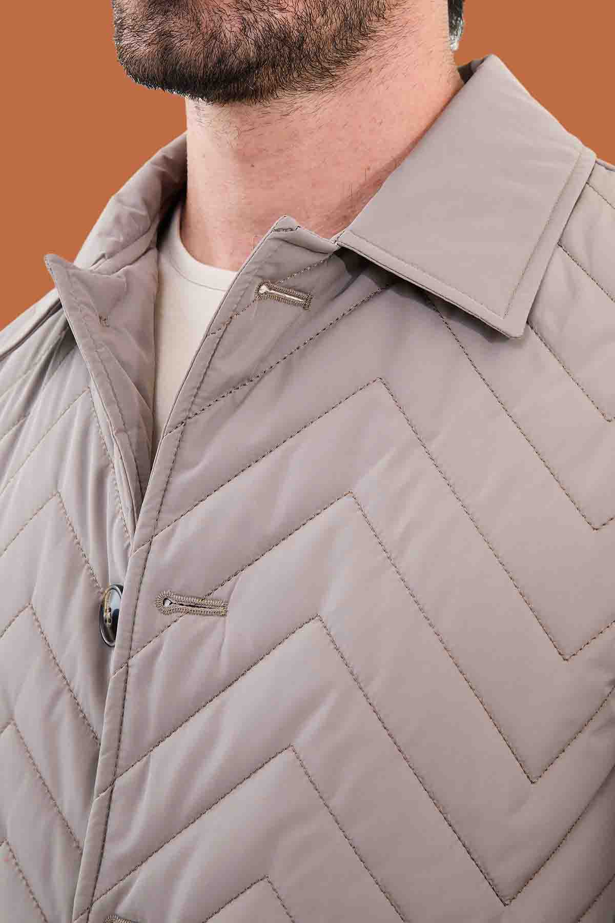 Men's Beige Slim Fit Double Breasted Peacoat