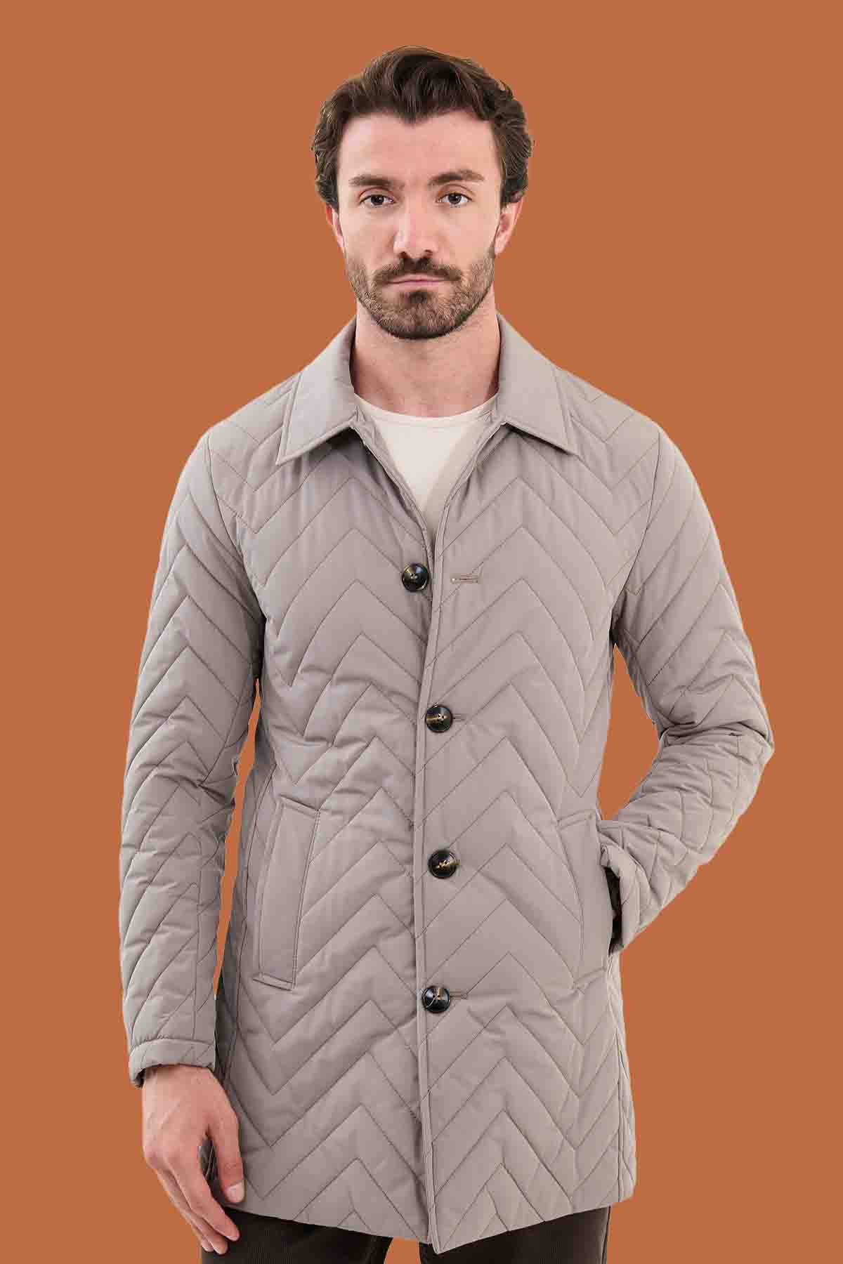 Men's Beige Slim Fit Double Breasted Peacoat