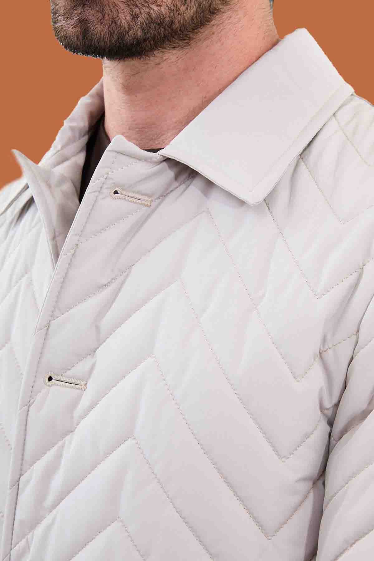 Men's Ecru Slim Fit Quilted Padded Overcoat