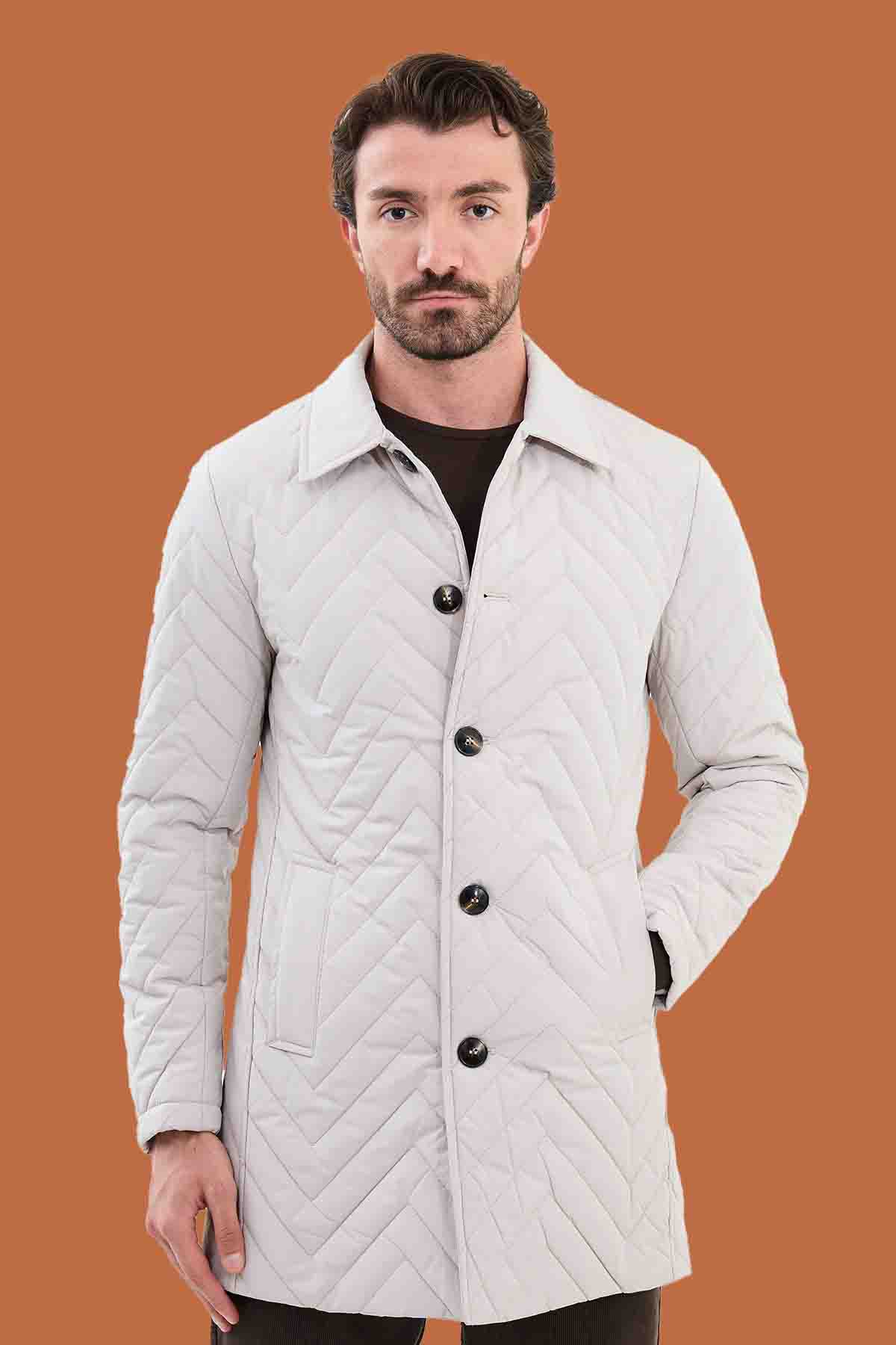 Men's Ecru Slim Fit Quilted Padded Overcoat