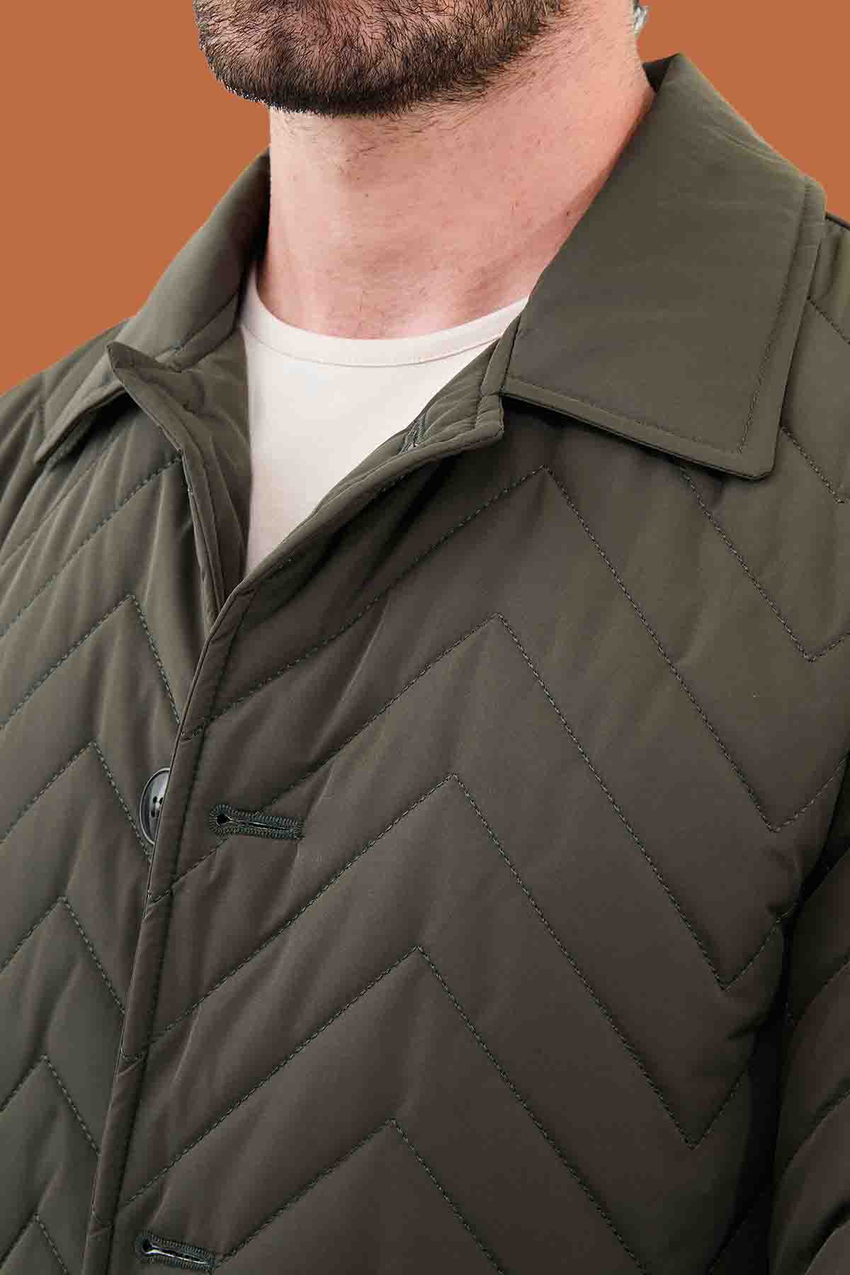 Men's Olive Green Slim Fit Quilted Padded Overcoat