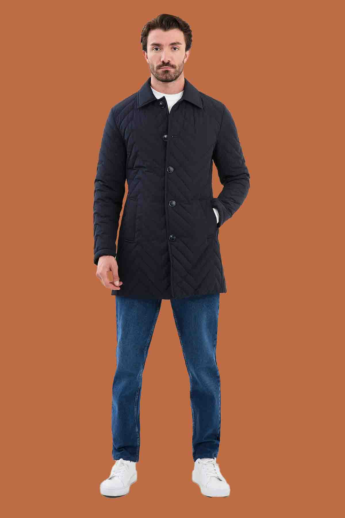 Men's Navy Blue Slim Fit Quilted Padded Overcoat