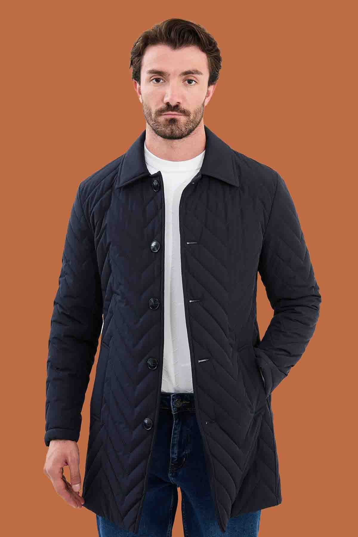 Men's Navy Blue Slim Fit Quilted Padded Overcoat