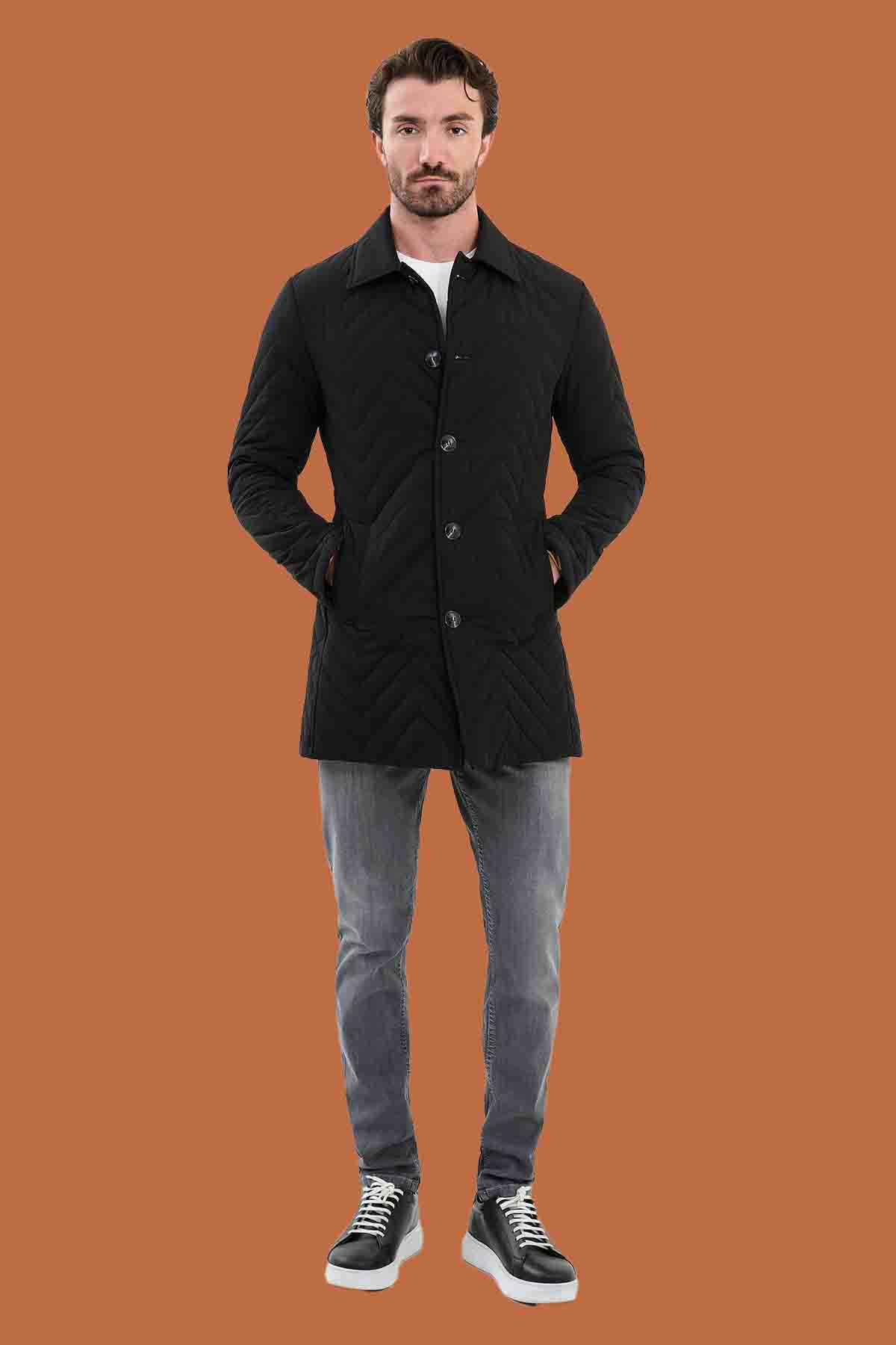 Men's Black Slim Fit Quilted Padded Overcoat