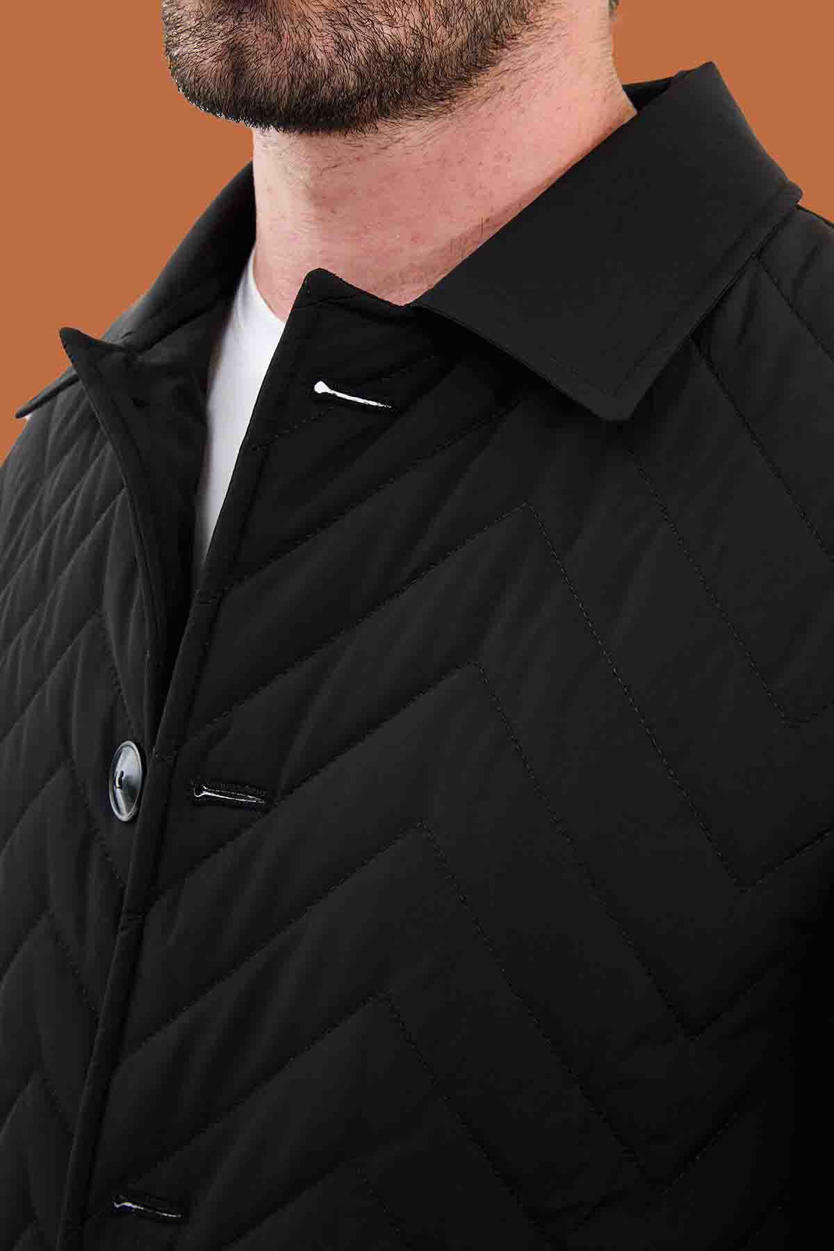 Men's Black Slim Fit Quilted Padded Overcoat