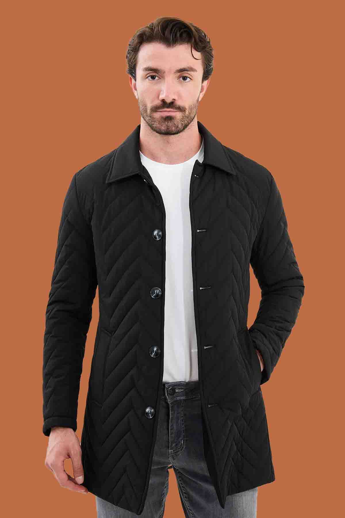 Men's Black Slim Fit Quilted Padded Overcoat