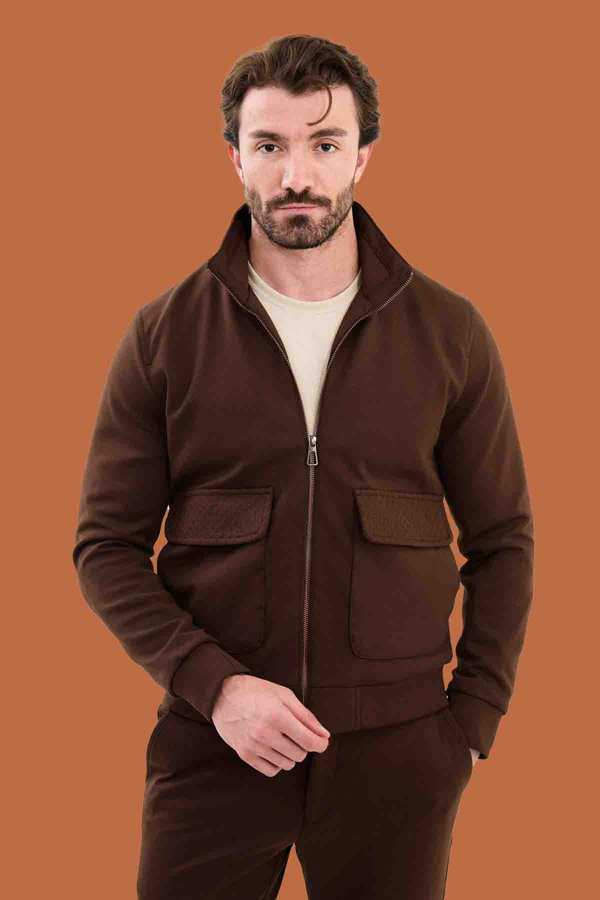 Men's Slim Fit Brown Knitwear Zip Jacket - S-XXL