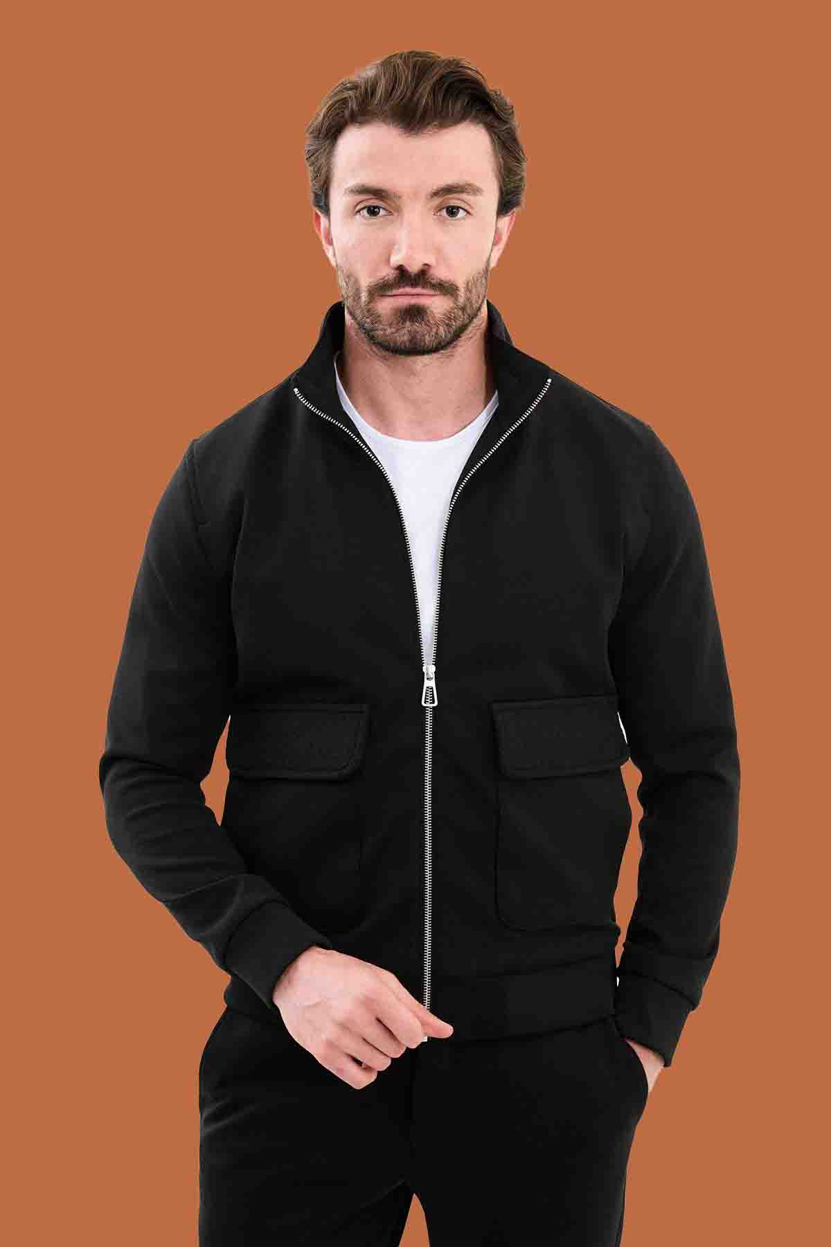 Men's Slim Fit Black Zip-Up Knitwear Jacket Sweater