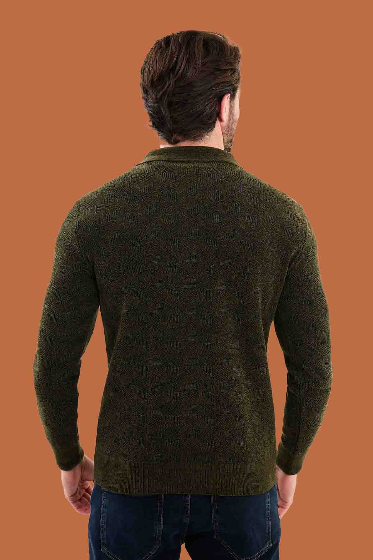 Men's Slim Fit Khaki Quarter-Zip Knit Polo Sweater