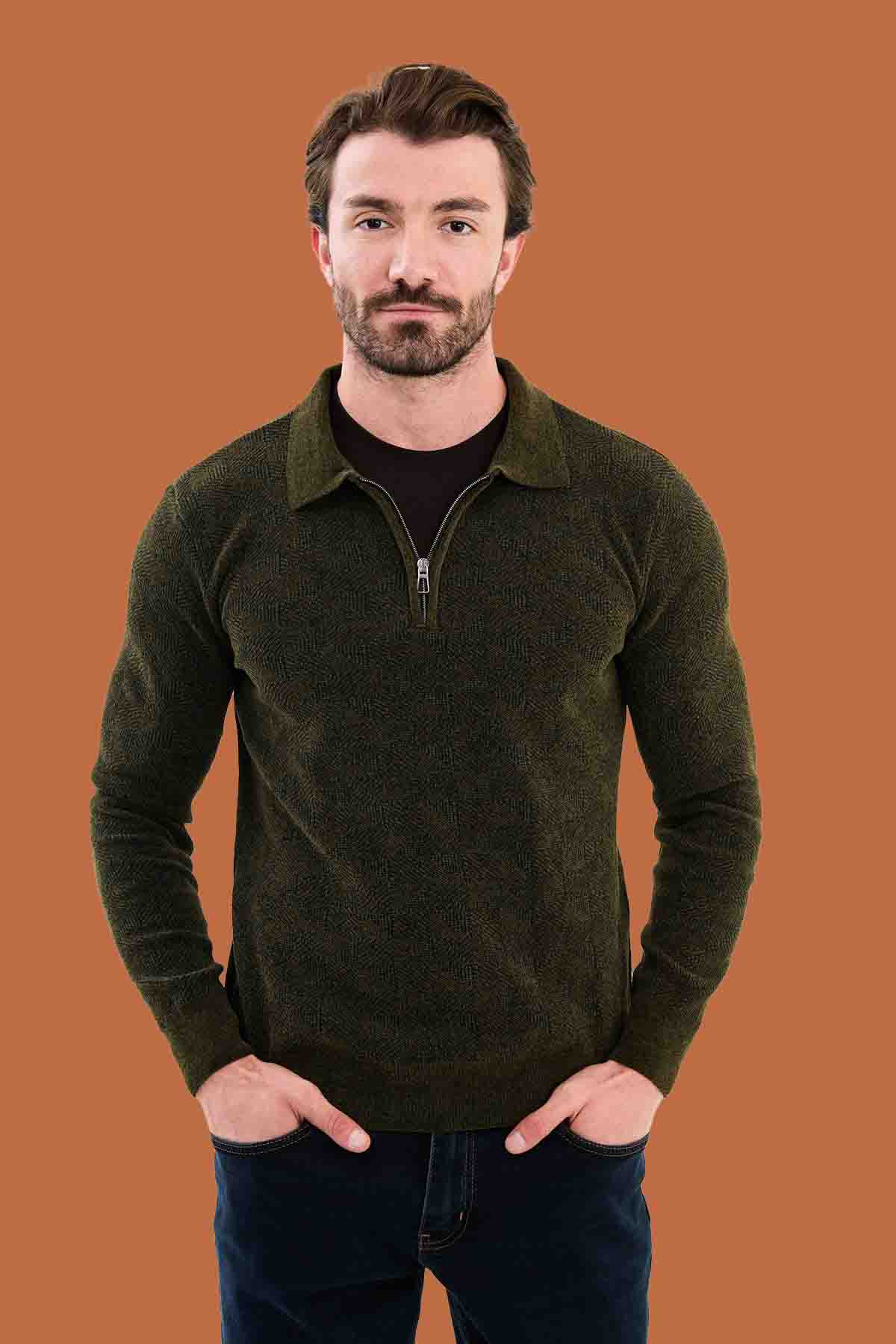 Men's Slim Fit Khaki Quarter-Zip Knit Polo Sweater