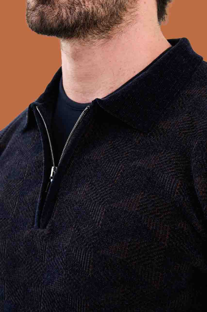 Navy Blue Slim Fit Knit Quarter-Zip Polo Sweater