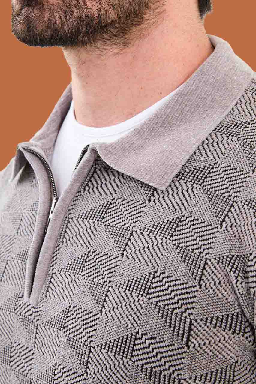 Men's Slim Fit Gray Geometric Knit Quarter-Zip Polo