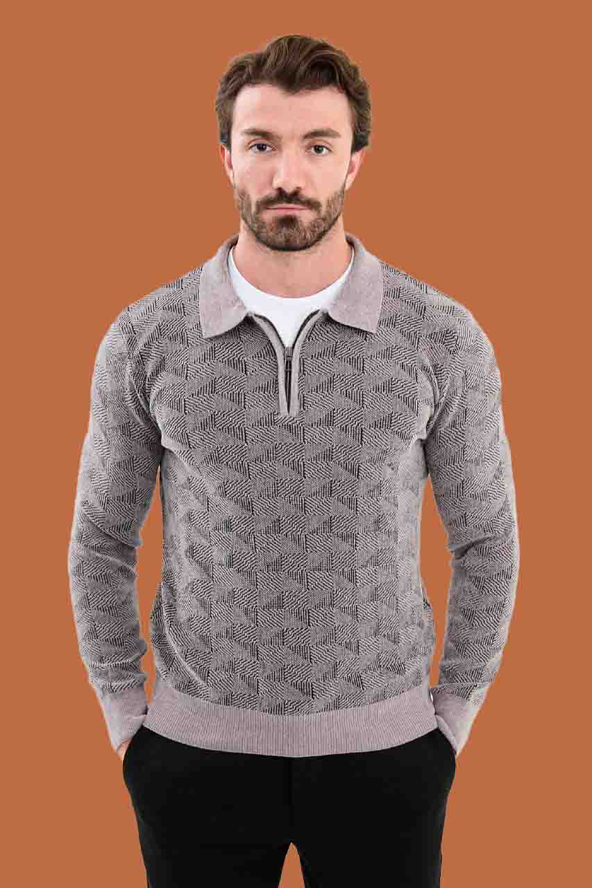Men's Slim Fit Gray Geometric Knit Quarter-Zip Polo