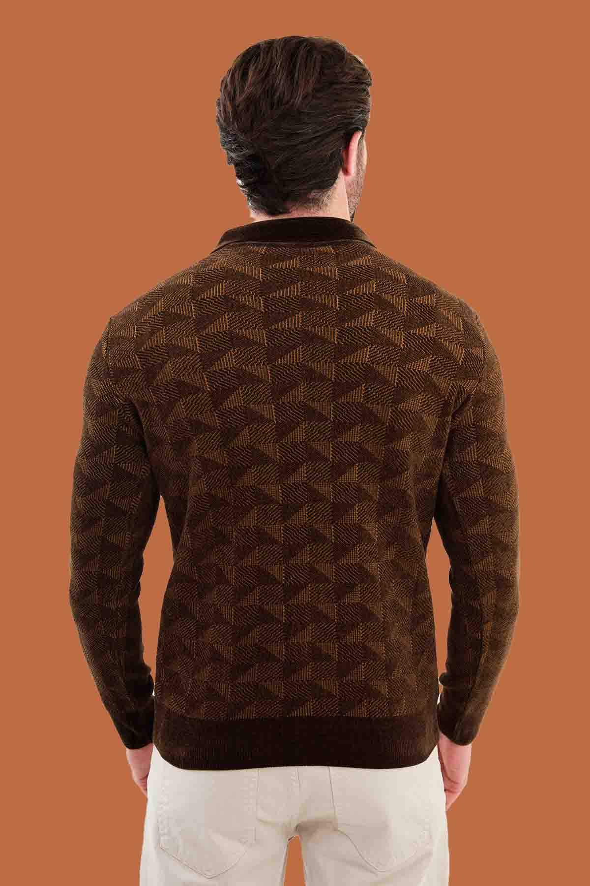 Brown Slim Fit Knit Geometric Quarter-Zip Sweater