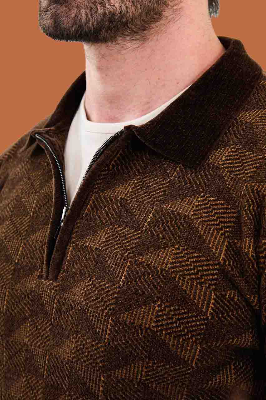 Brown Slim Fit Knit Geometric Quarter-Zip Sweater
