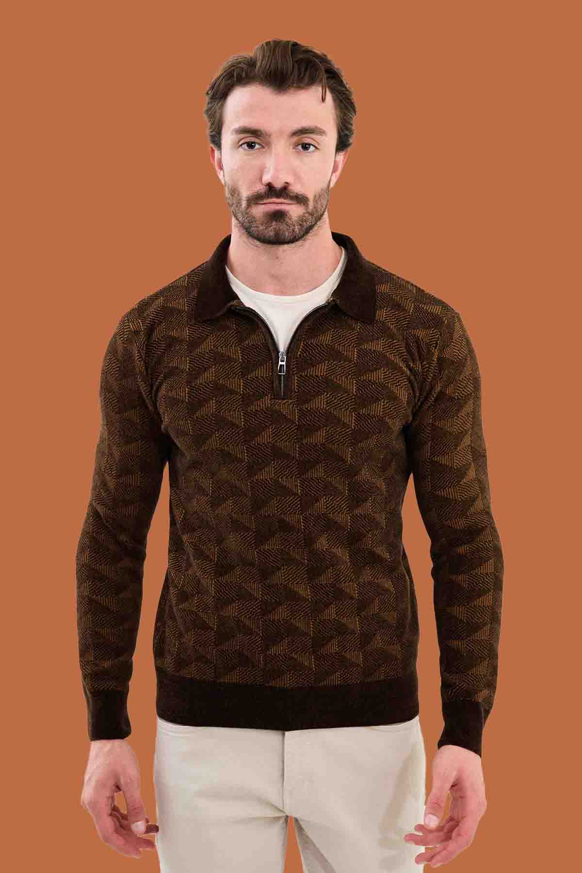 Brown Slim Fit Knit Geometric Quarter-Zip Sweater