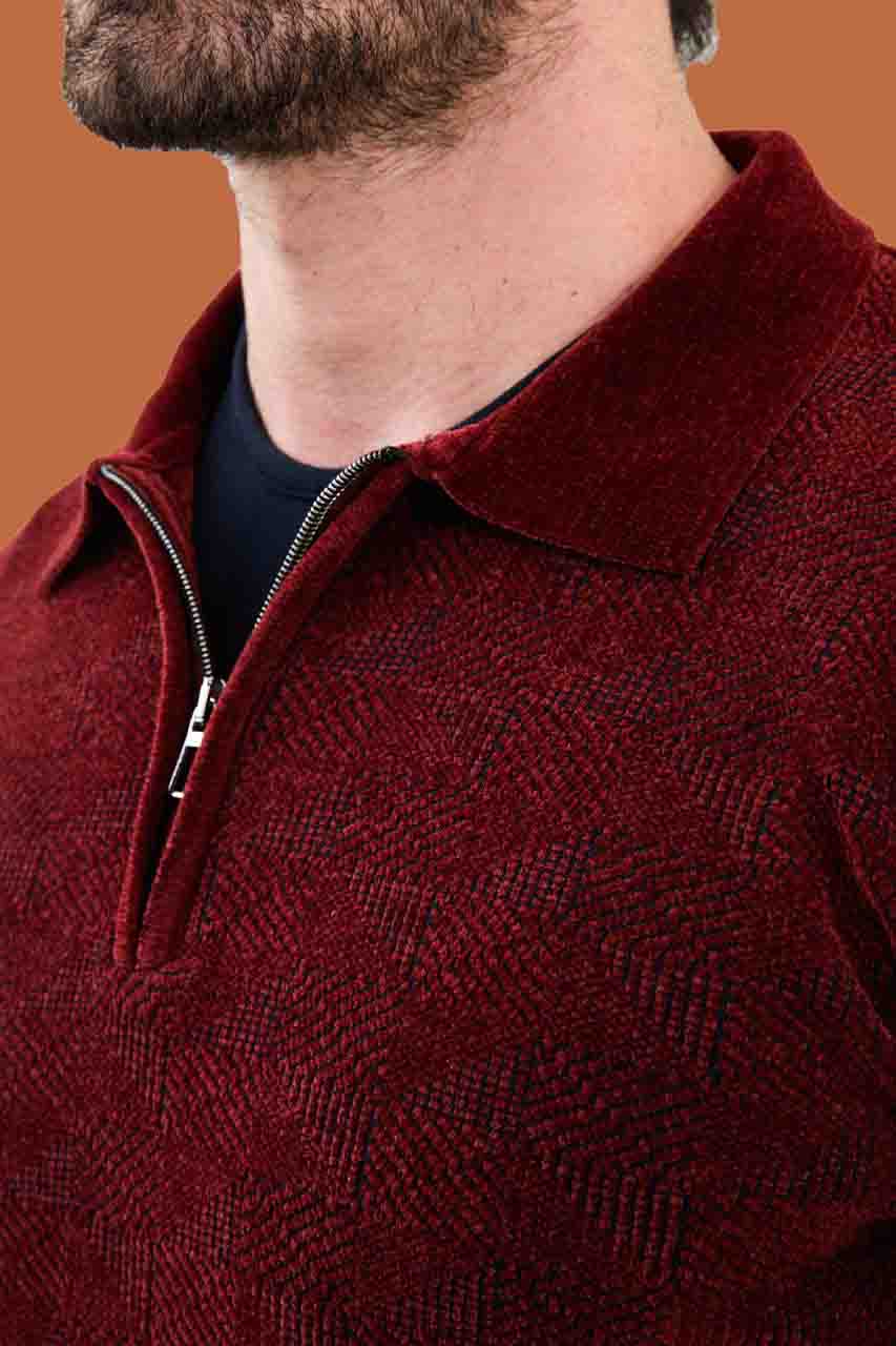 Men's Slim Fit Burgundy Geometric Zip Polo Knit
