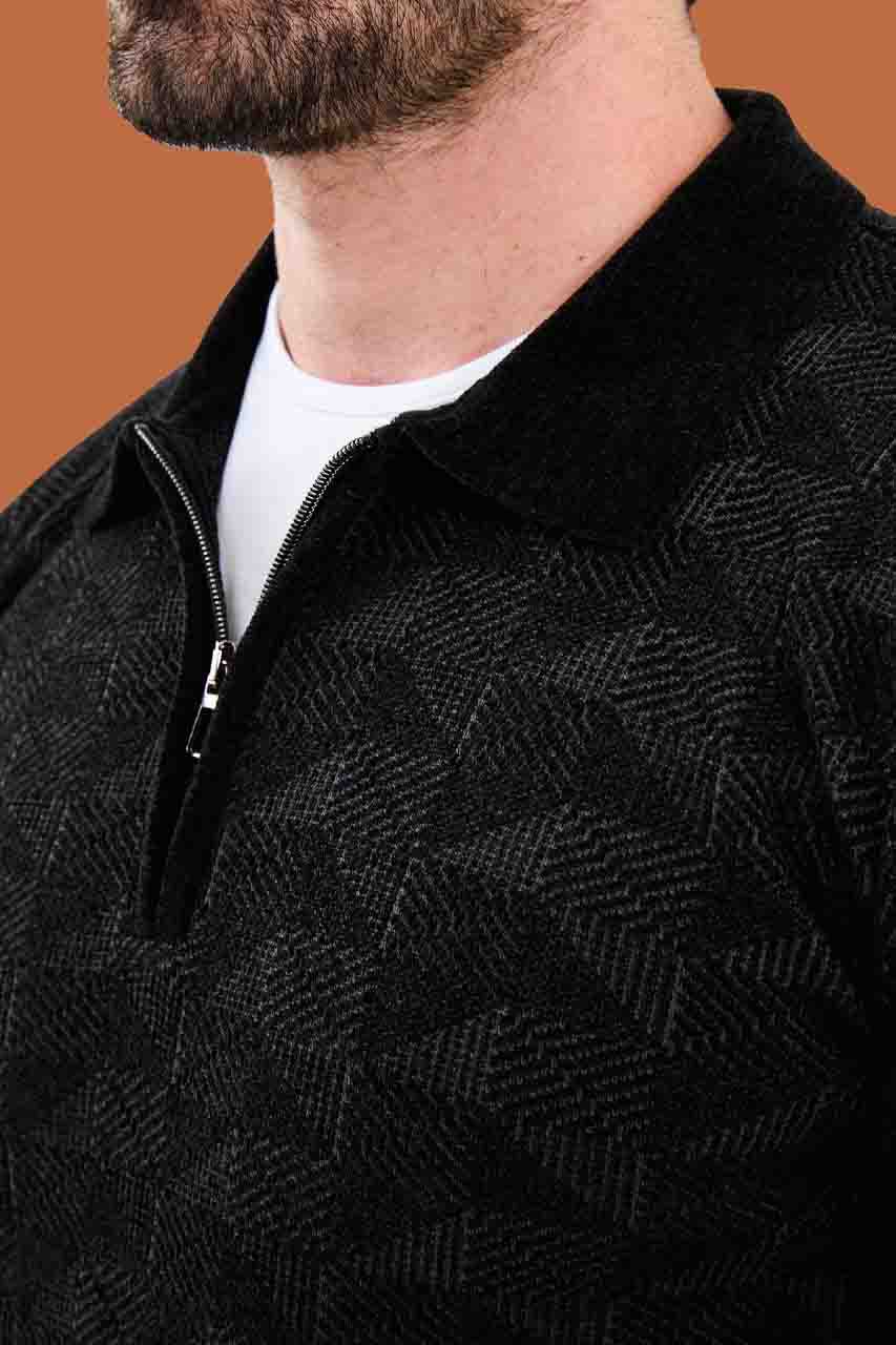 Black Slim Fit Geometric Knit Quarter-Zip Polo