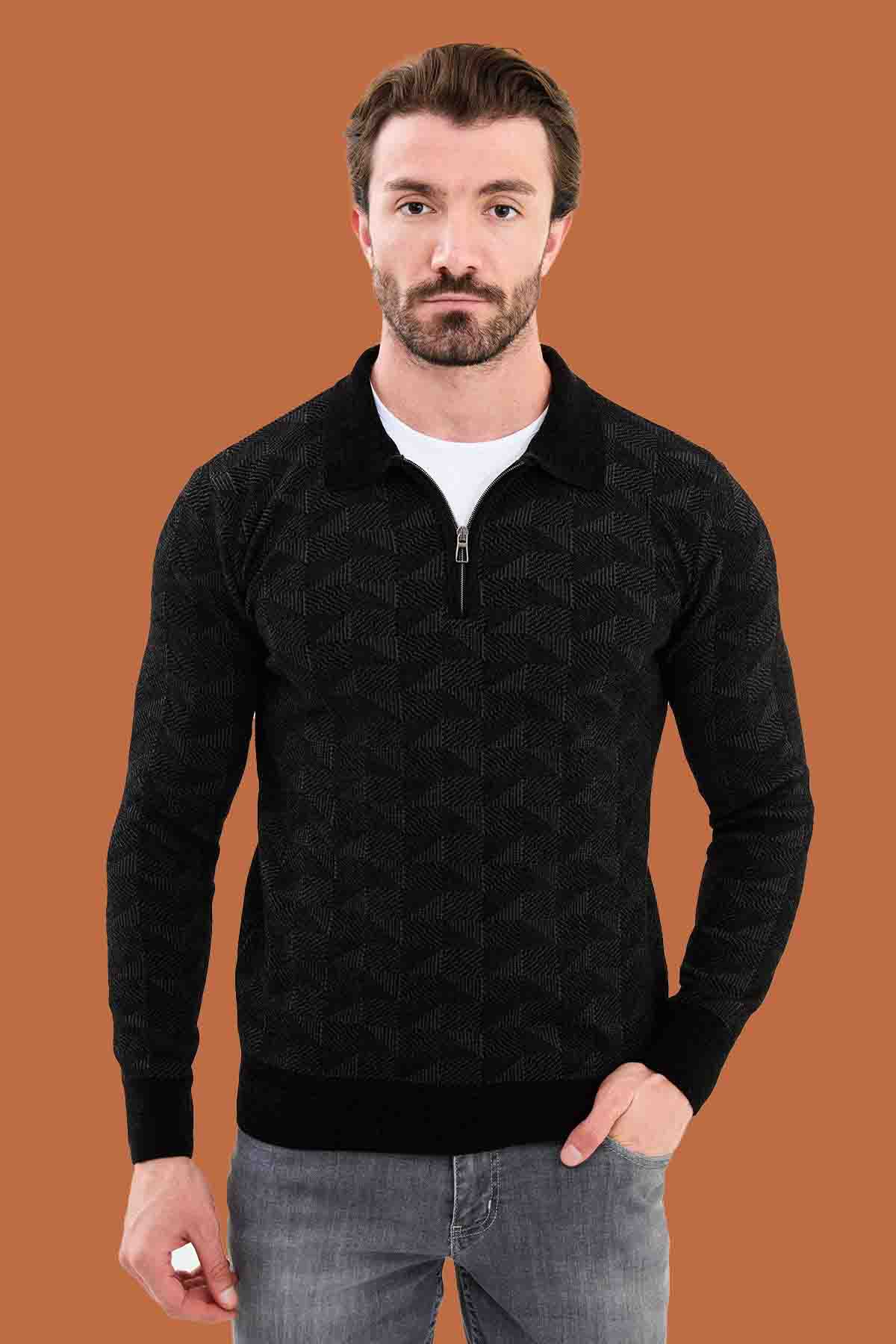 Black Slim Fit Geometric Knit Quarter-Zip Polo