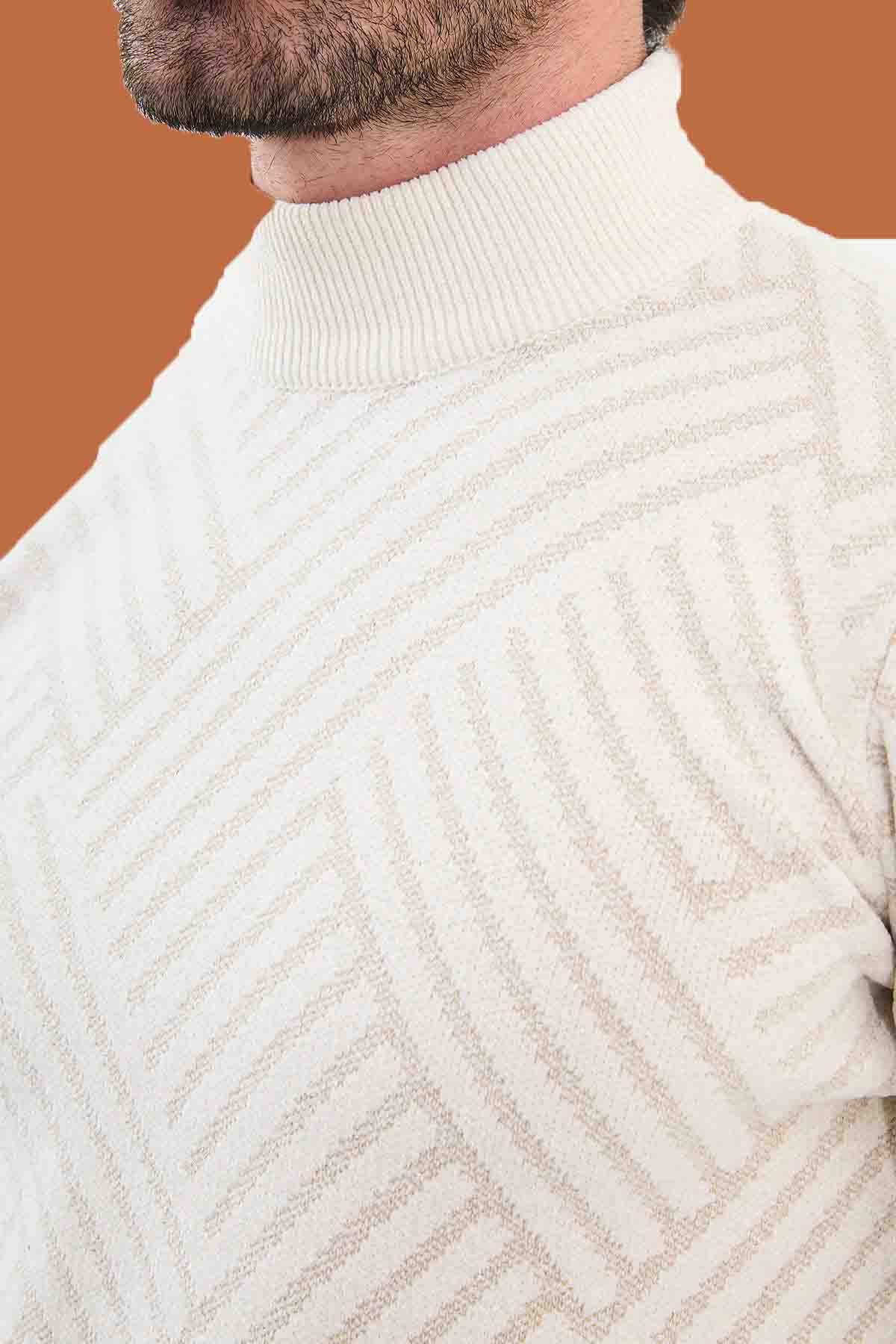 Men's Slim Fit White Knit Mock Neck Pattern Sweater