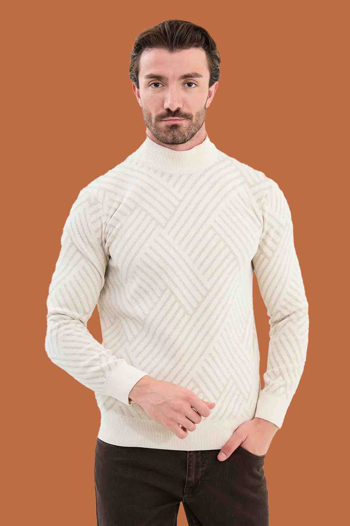 Men's Slim Fit White Knit Mock Neck Pattern Sweater